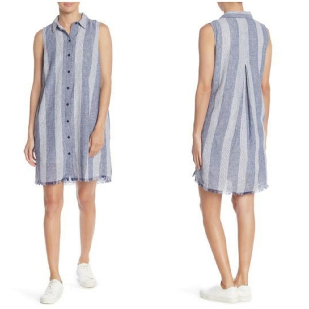 BeachLunchLounge Oxford Brynn Blue Linen Shirt Dress Stripe S Small